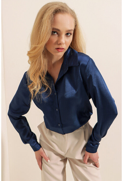 Merterium Women's Navy Blue Draped Satin Shirt |Merterium In Lebanon