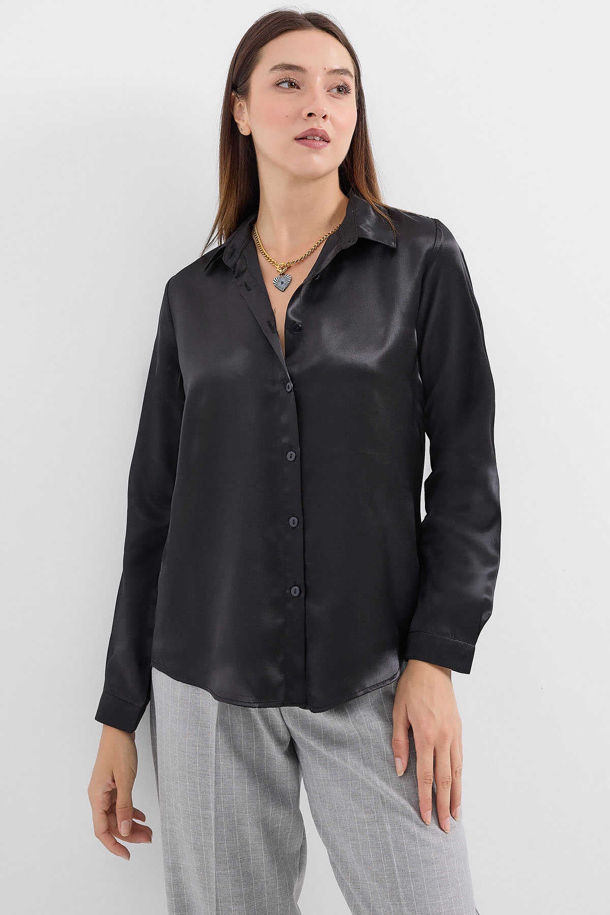 Big Dart Women's Black Lightly Flowing Satin Shirt | Big Dart In Lebanon