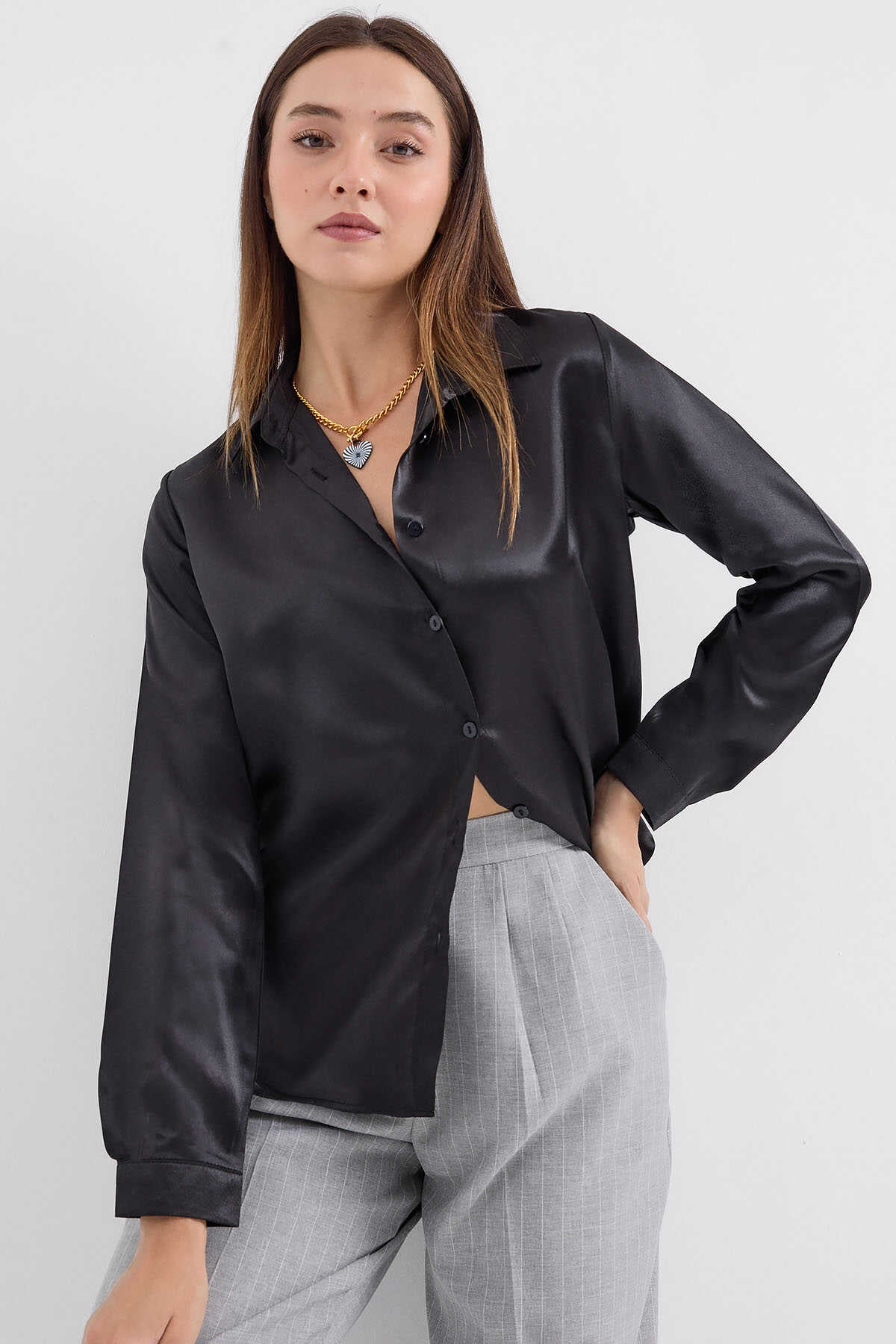 Big Dart Women's Black Lightly Flowing Satin Shirt | Big Dart In Lebanon