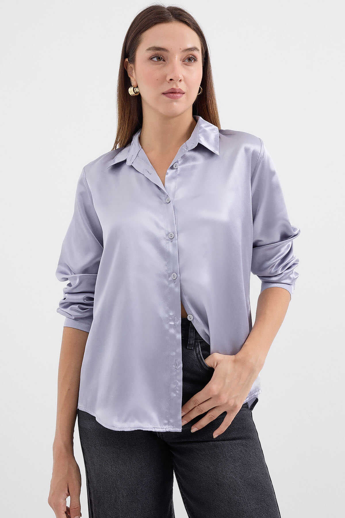 Big Dart Women's Gray Lightly Flowing Satin Shirt | Big Dart In Lebanon