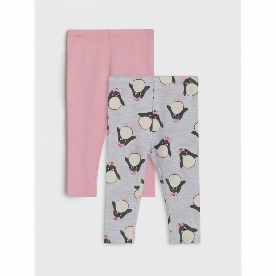 Sinsay Girl's Pink and Grey All Over Penguin Print 2 Pack Leggings