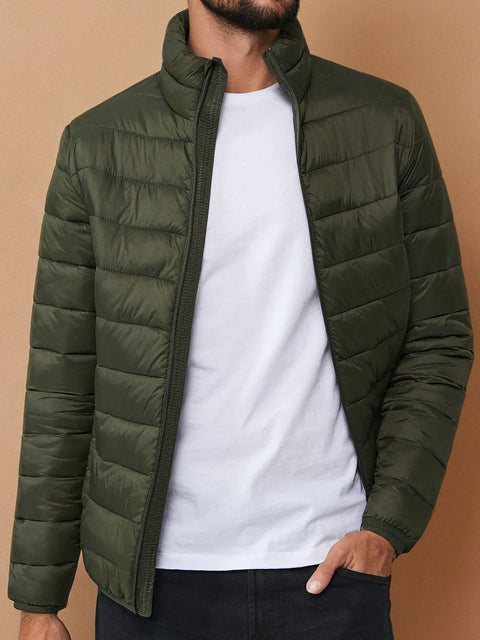 Sinsay Men's Olive Green Quilted Puffer Stand Up Collar Jacket|Sinsay In Lebanon