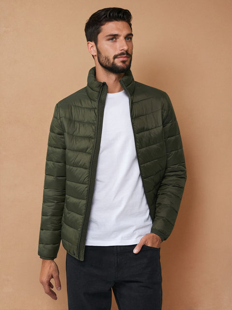 Sinsay Men's Olive Green Quilted Puffer Stand Up Collar Jacket|Sinsay In Lebanon