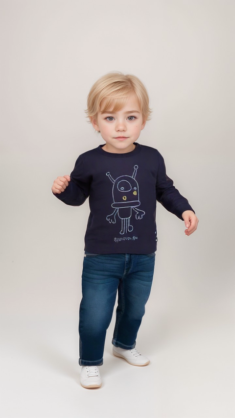 POMPdeLUX Baby Boy's Navy Round Neck Cotton Blouse | POMPdeLUX In Lebanon