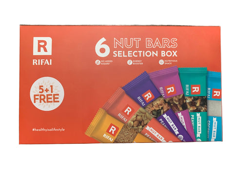Rifai 6 Nut Bars Selection Box packaging on a wooden surface