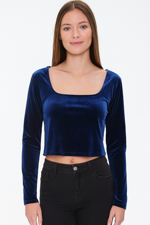 Forever 21 Women's Blue Velvet Square Neck Full Sleeve Blouse | Forever 21 In Lebanon