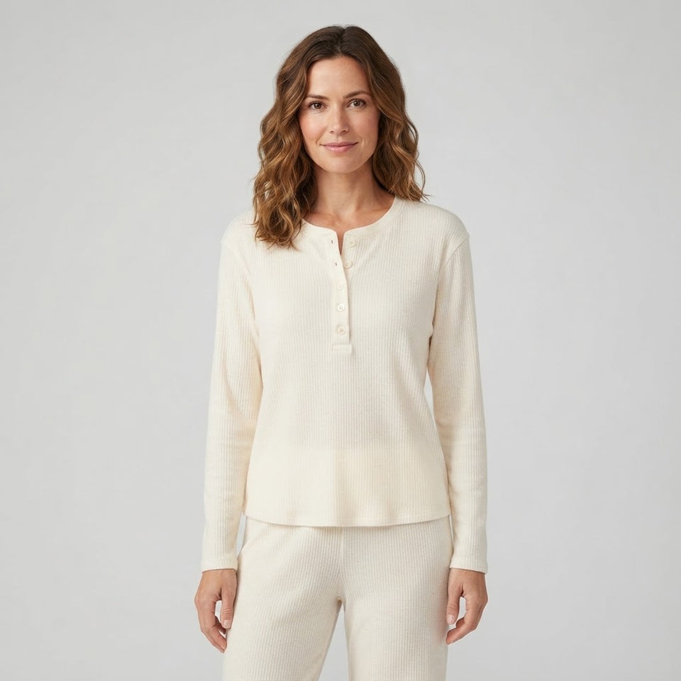 Roudelain Women's Cream Ribbed Knit Henley Pajama Top