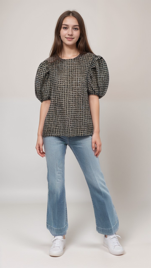 POMPdeLUX Girl's Navy Blue  Short Sleeve Heavy Blouse | POMPdeLUX in Lebanon