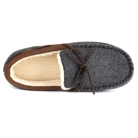 Gray slipper with brown trim and beige interior on a white background