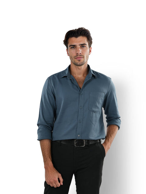 Celio Men's Washed Navy Solid Regular Fit Cotton Long Sleeve Formal Shirt | Celio In Lebanon