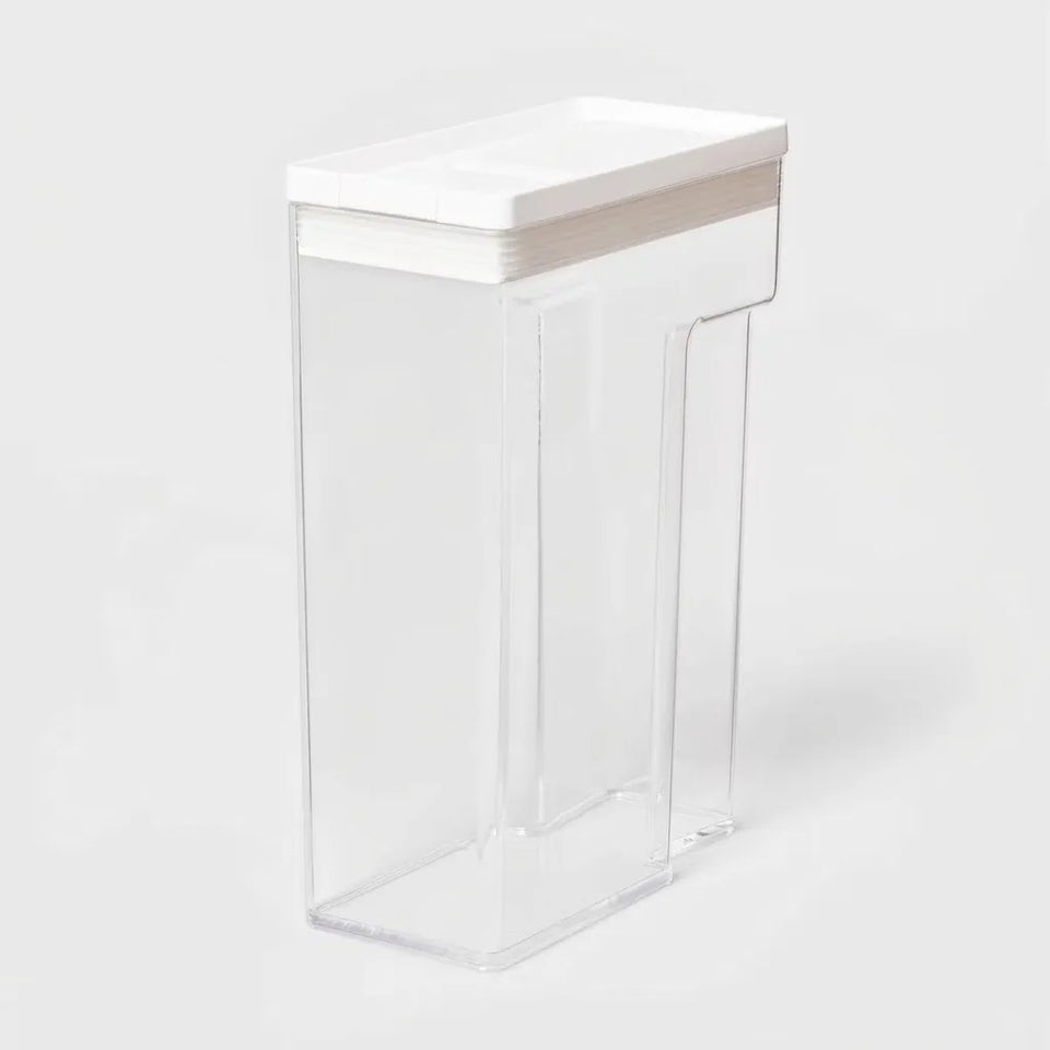 A clear plastic storage container with a white lid, shown on a light gray background.