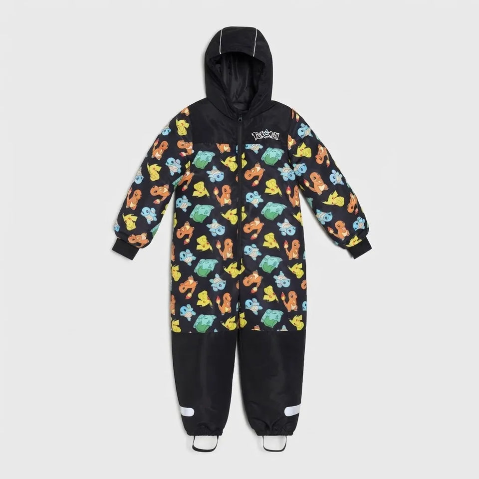 A hooded one-piece jumpsuit with a black base and an all-over colorful retro character print, shown flat against a light gray background.