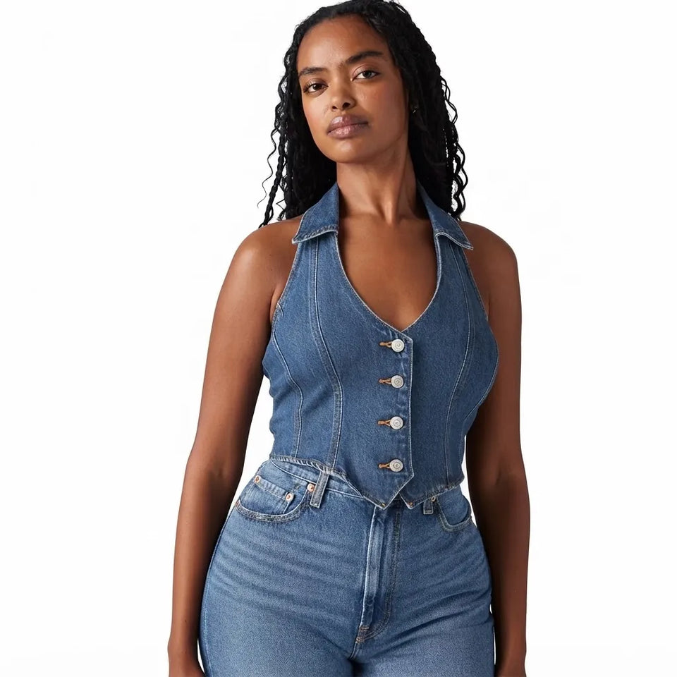 A woman modeling a sleeveless blue denim jumpsuit with a button-front bodice and high-waisted fit, photographed against a plain white studio background.