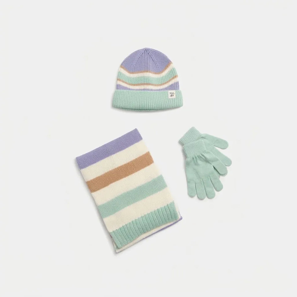 A three-piece knit winter set including a beanie, a matching striped scarf, and gloves, laid out on a light gray background. The set features pastel stripes of lavender purple, mint green, cream, and tan.