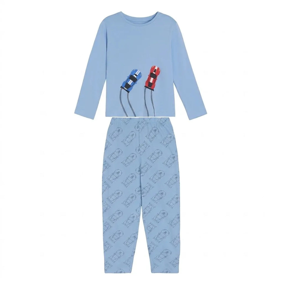 A two-piece children's pajama set in light blue, featuring a long-sleeve top with a graphic of two toy cars (one blue, one red) and matching patterned pants.