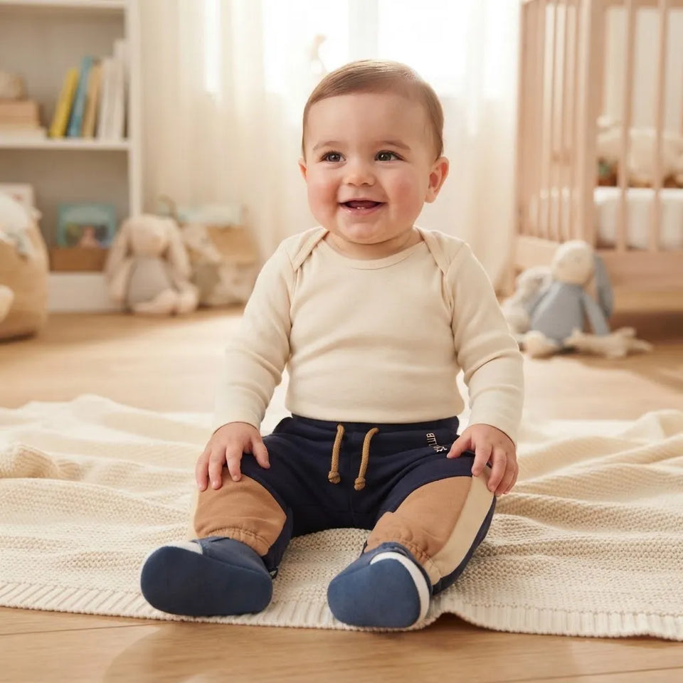 Sinsay Baby Boy's Navy Elastic Drawstring Waistband with Brown and Cream Panels Sweatpants