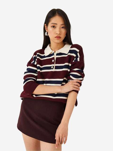 Big Dart Women's Burgundy Striped Polo Neck Knit Sweater | Big Dart In Lebanon