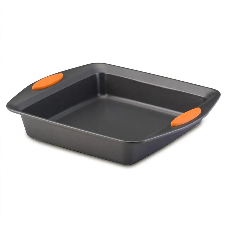 A square dark gray non-stick baking pan with two bright orange silicone handles on the sides, shown on a plain white background.