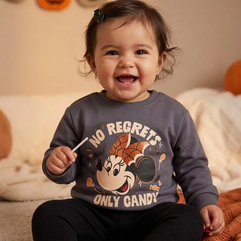 A smiling toddler girl sitting indoors wearing a dark gray long-sleeve sweatshirt with a Minnie Mouse graphic and the text 'NO REGRETS ONLY CANDY'.