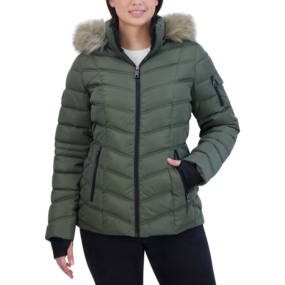 Nautica Women's Olive Green Puffer with Faux Fur Hooded Jacket