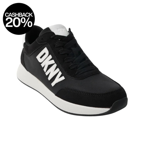 Black DKNY sneaker with white sole on a white background