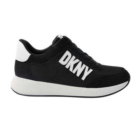 Black DKNY sneaker with white sole on a white background