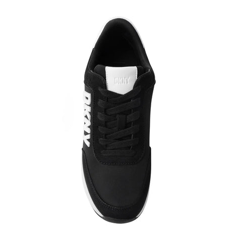 Black sneaker with white text on a white background