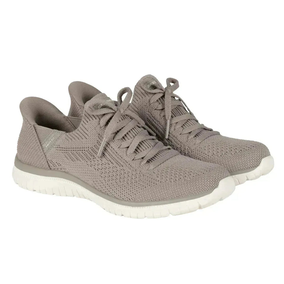 Pair of gray sneakers with white soles on a white background