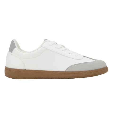 White sneaker with a brown sole on a white background