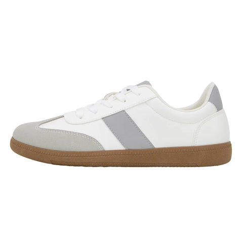 White and gray sneaker with brown sole on a white background