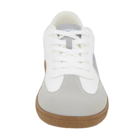White sneaker with a brown sole on a white background