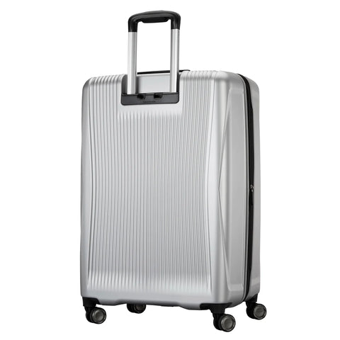 Silver suitcase with a black handle on a white background