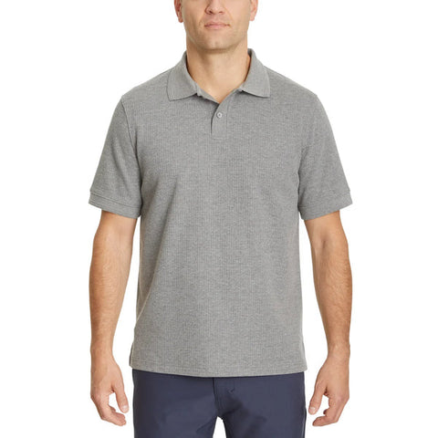 Man wearing a gray checkered polo shirt on a white background