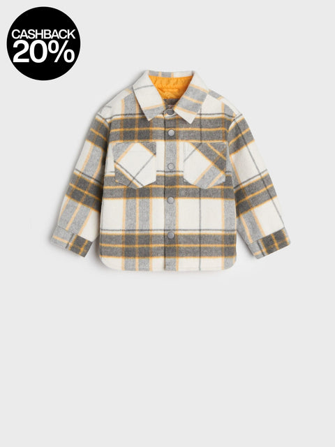 Plaid shirt with cashback 20% offer on a light gray background