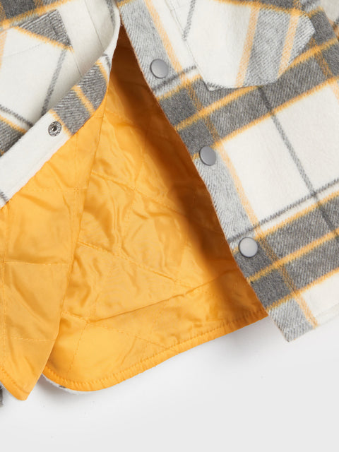 Close-up of a plaid jacket with a yellow lining on a white background