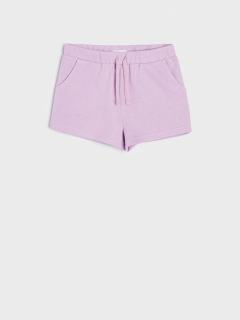 Light purple shorts with a drawstring on a white background