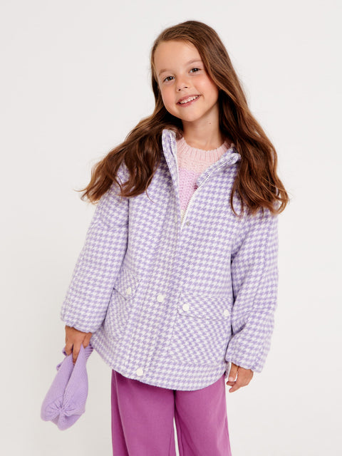 Sinsay Girl's White & Purple Houndstooth Pattern Hooded Coat | Sinsay In Lebanon