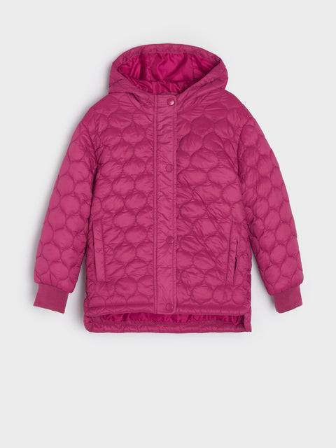 Pink quilted jacket on a light gray background
