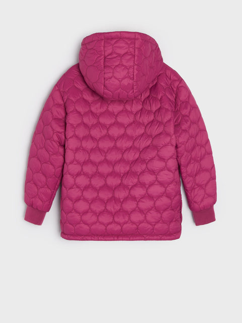 Pink quilted jacket on a light gray background