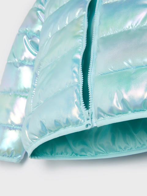 Close-up of a light blue iridescent jacket on a white background