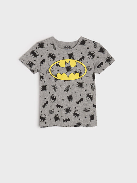 Gray t-shirt with Batman logo and symbols on a white background
