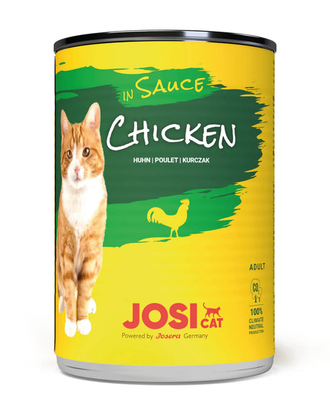 Can of JosiCat chicken in sauce for cats on a white background