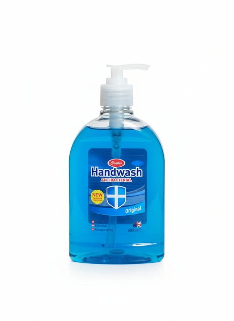 Blue handwash bottle with pump on a white background