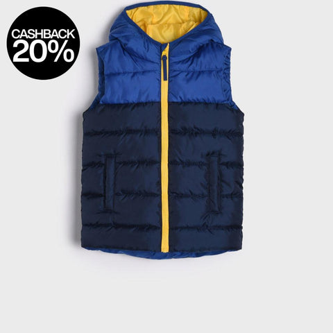 Blue puffer vest with yellow interior lining on a white background