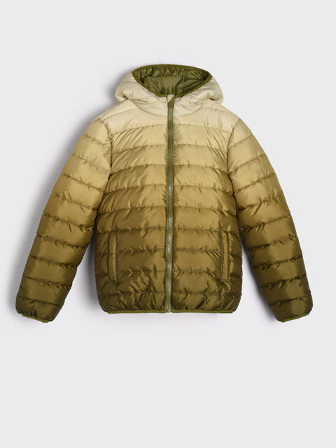 Beige puffer jacket with a hood on a light gray background