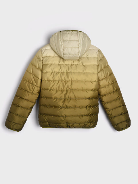 Green puffer jacket with beige hood on a light gray background