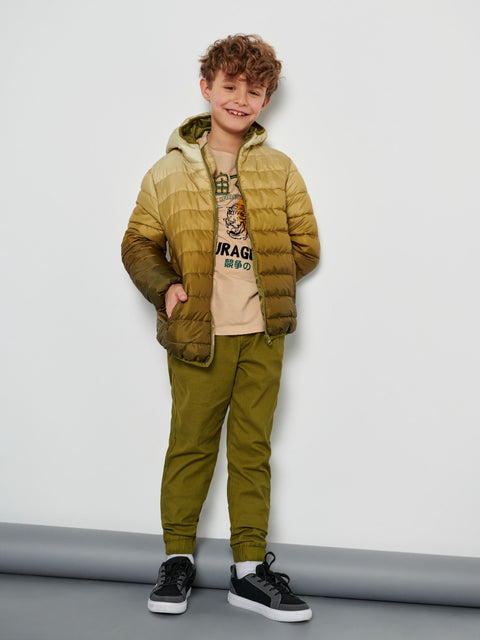 Child wearing a green puffer jacket and matching pants against a plain background