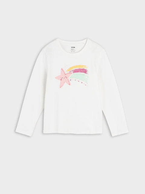 White long-sleeve shirt with a colorful starfish design on a white background