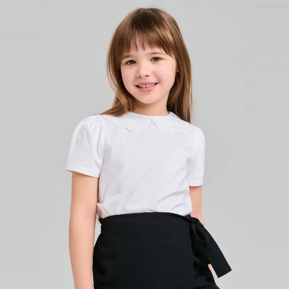 Sinsay Girl's White Eyelet Ruffle Collar T-Shirt
