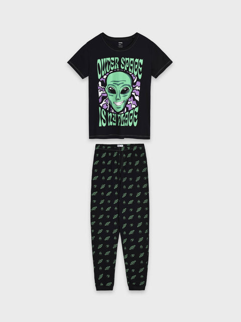 Black t-shirt with alien graphic and 'Outer Space Is The Place' text, paired with black pants with alien pattern on a white background.